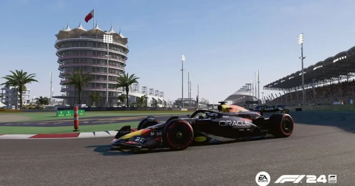 An F1 car speeding down the track at the Bahrain International Circuit at night, with the F1 24 game logo.